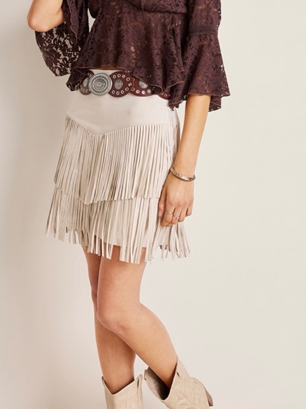 Alya /Franseca’s Cream Layered Fringe Mini Skirt